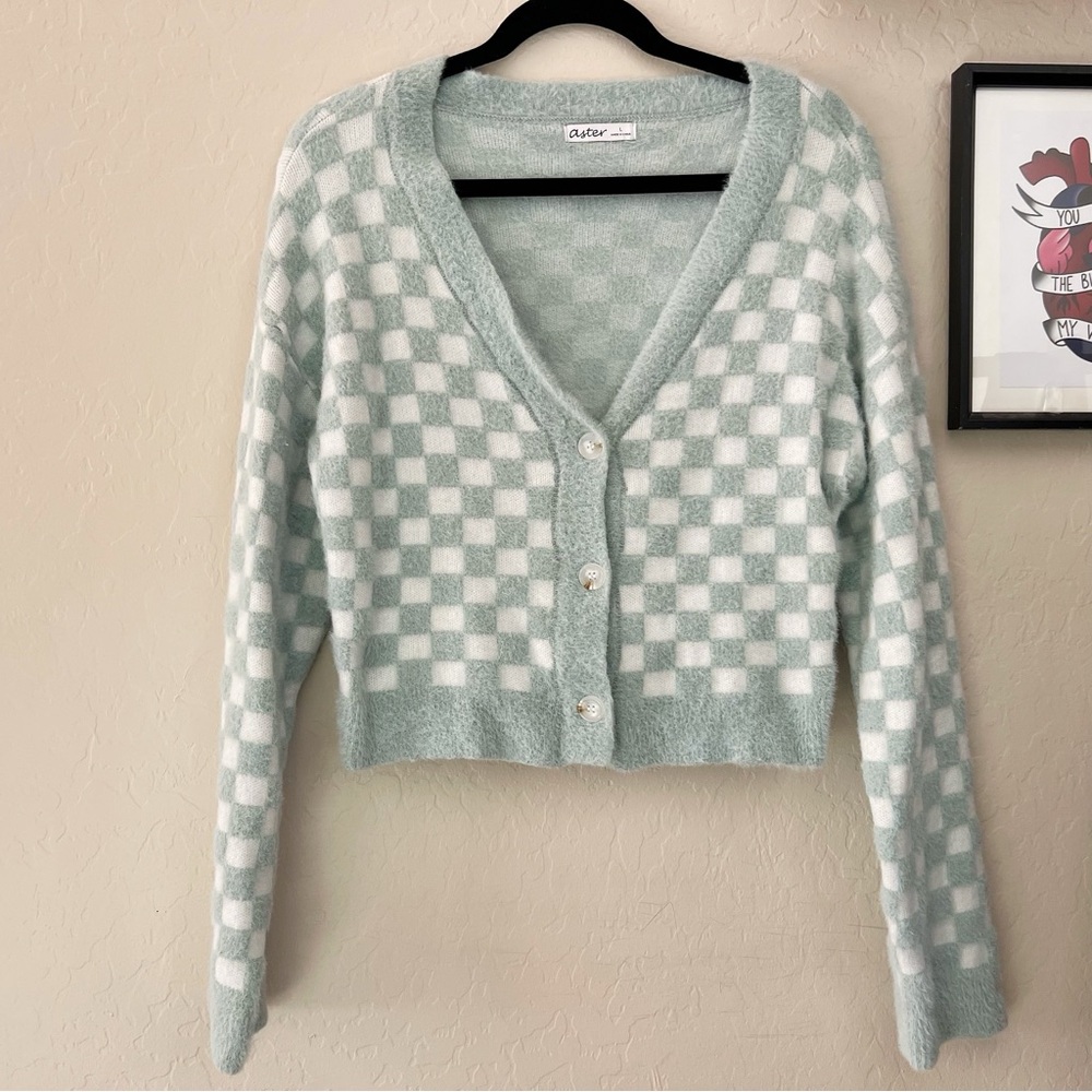 Aster Checkered Knit Cropped Cardigan Sweater